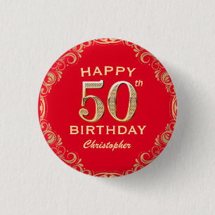 50th Birthday Party Red and Gold Glitter Frame Button