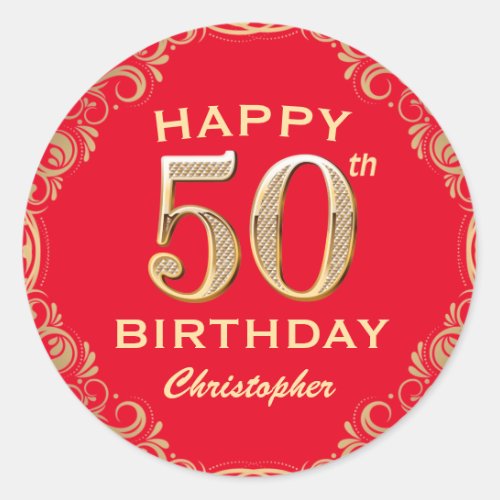 50th Birthday Party Red and Gold Glitter Frame Classic Round Sticker