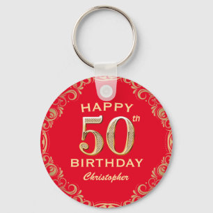 50th Birthday Party Red and Gold Glitter Frame Keychain