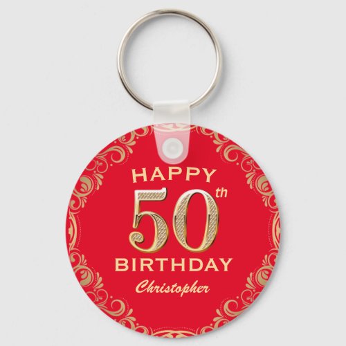 50th Birthday Party Red and Gold Glitter Frame Keychain