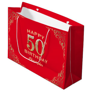 50th Birthday Party Red and Gold Glitter Frame Large Gift Bag