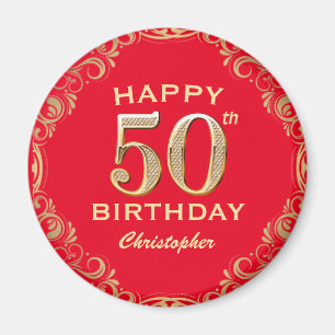 50th Birthday Party Red and Gold Glitter Frame Magnet