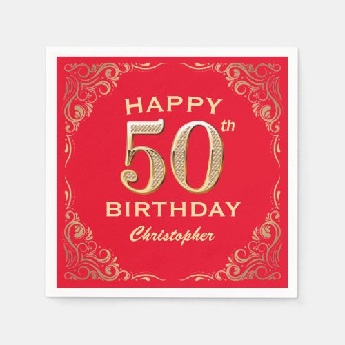 50th Birthday Party Red and Gold Glitter Frame Napkins