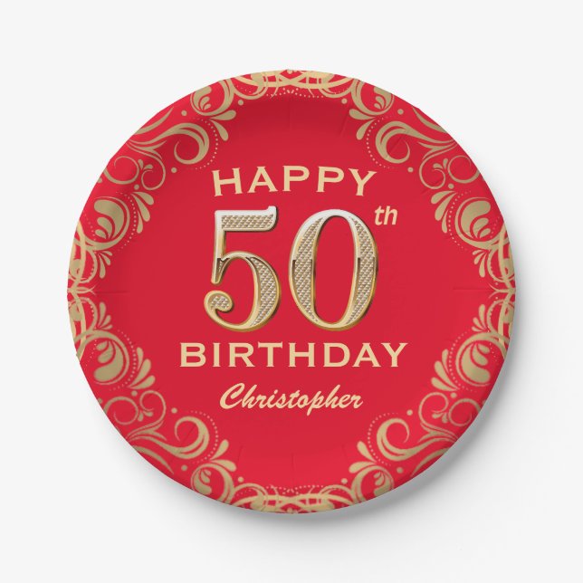 50th Birthday Party Red and Gold Glitter Frame Paper Plates (Front)