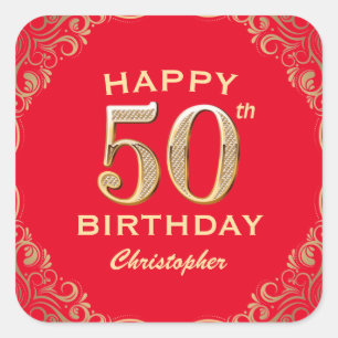 50th Birthday Party Red and Gold Glitter Frame Square Sticker