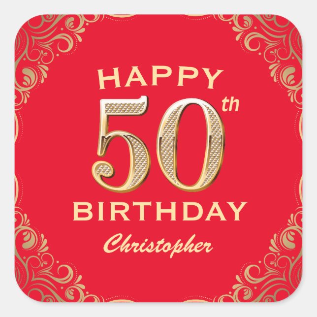 50th Birthday Party Red and Gold Glitter Frame Square Sticker (Front)