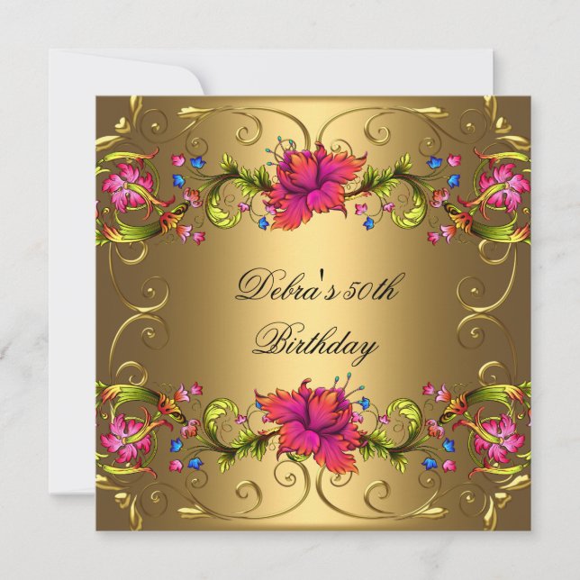 50th Birthday Party Red Black Gold Pink Flowers Invitation (Front)