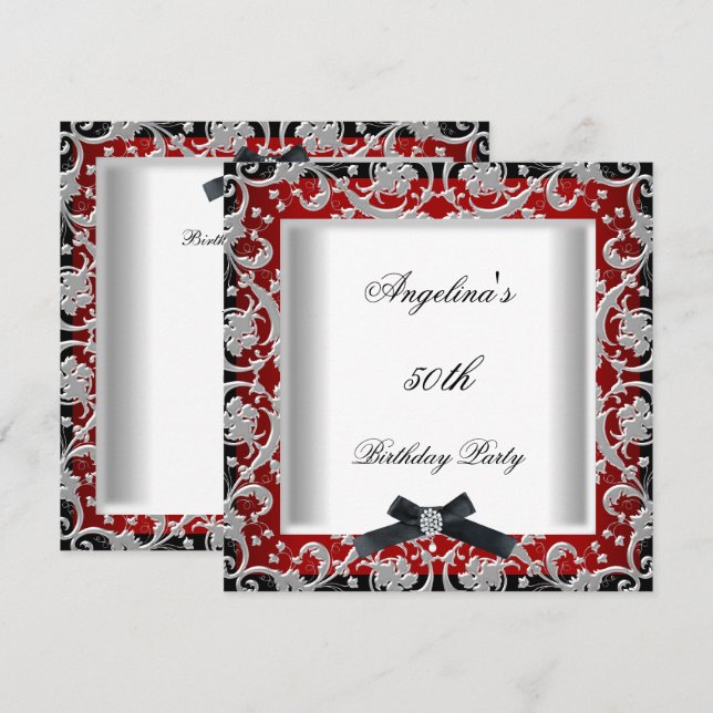 50th Birthday Party Red Black White Jewel Bow Invitation (Front/Back)