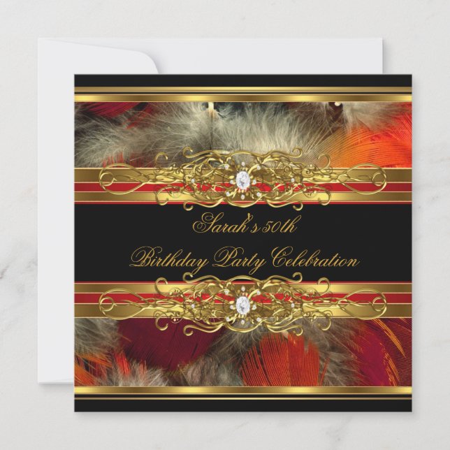 50th Birthday Party Red Feather Black Gold Invitation (Front)