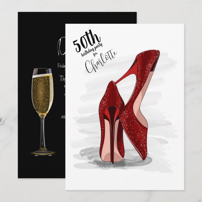 50th Birthday Party Red Glitter Stilettos  Invitation (Front/Back)