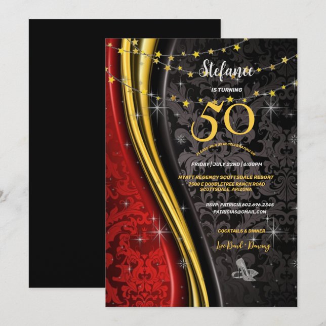 50th Birthday Party Red, Gold & Black Swirls  Invitation (Front/Back)