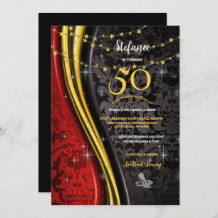 50th Birthday Party Red, Gold & Black Swirls Invitation