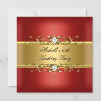 50th Birthday Party Red Gold Diamond Jewel 50 Invitation