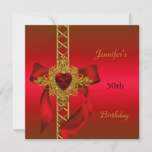50th Birthday Party Red Gold Heart Jewel 2 Invitation