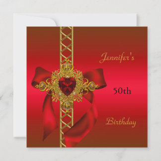 50th Birthday Party Red Gold Heart Jewel 2 Invitation