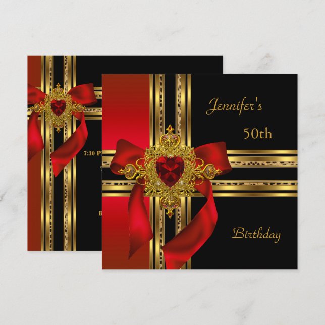 50th Birthday Party Red Gold Heart Jewel Invitation (Front/Back)
