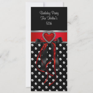 50th Birthday Party Red Heart Black Silver Long Invitation