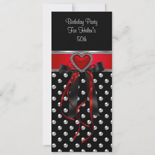 50th Birthday Party Red Heart Black Silver Long Custom Invite