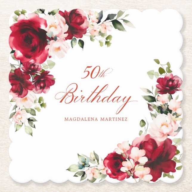 50th Birthday Party Red Pink Floral Custom Paper Coaster (Front)