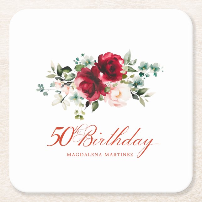 50th Birthday Party Red Pink Floral Custom Square Paper Coaster (Front)