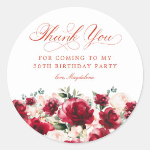 50th Birthday Party Red Pink Floral Thank You Classic Round Sticker