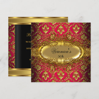 50th Birthday Party RED Pink Gold Black Damask Invitation