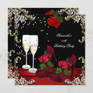 50th Birthday Party Red Rose Gold Champagne Invitation