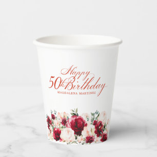 50th Birthday Party Red Rose Pink Peony Custom Paper Cups