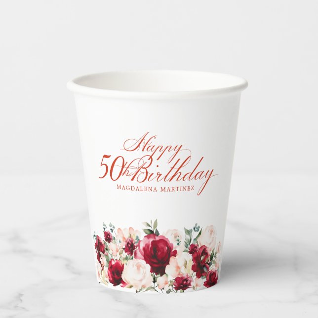 50th Birthday Party Red Rose Pink Peony Custom Paper Cups (Front)