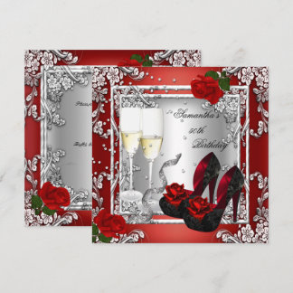 50th Birthday Party Red Rose Silver Invitation