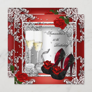 50th Birthday Party Red Rose Silver Invitation
