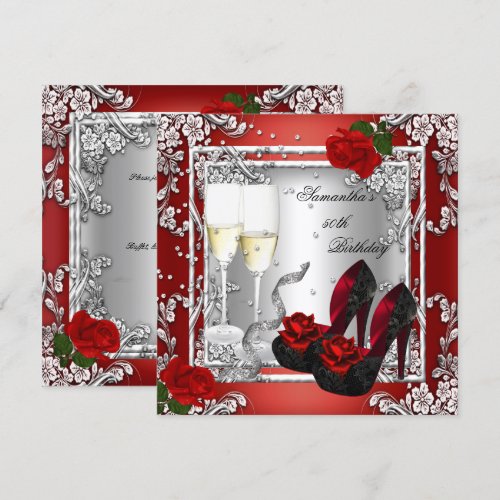 50th Birthday Party Red Rose Silver Custom Invites