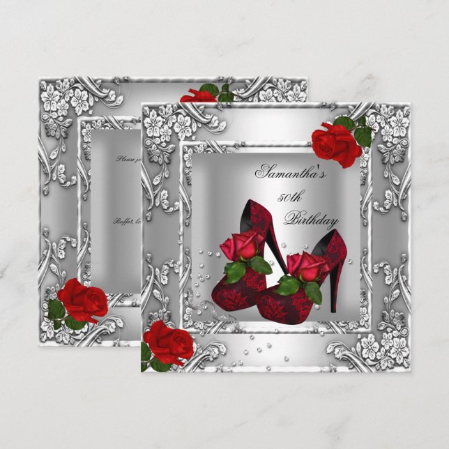 50th Birthday Party Red Rose Silver Invitation (Front/Back)