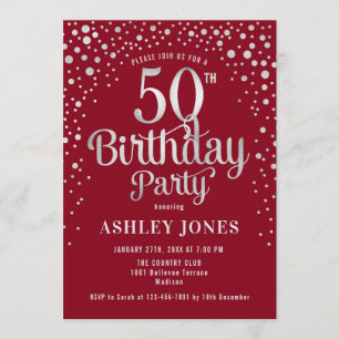 50th Birthday Party - Red & Silver Invitation