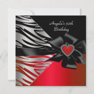 50th Birthday Party Red Silver Zebra Black White Invitation