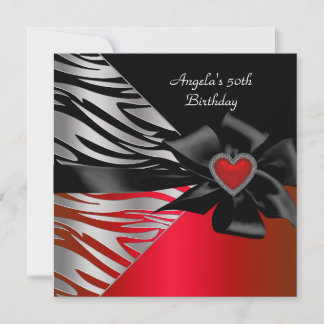 50th Birthday Party Red Silver Zebra Black White Invitation