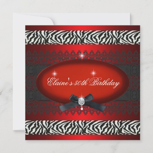 50th Birthday Party Red White Black  Zebra Invitation (Front)