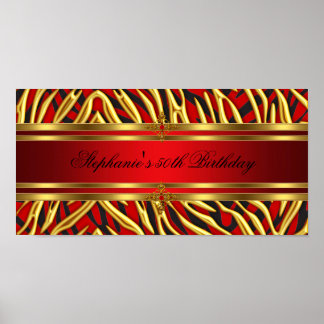 50th Birthday Party Red Zebra Gold Black 2 Poster