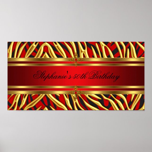 50th Birthday Party Red Zebra Gold Black 2 Poster (Front)