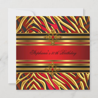 50th Birthday Party Red Zebra Gold Black Invitation