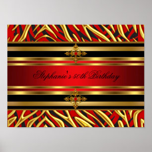 50th Birthday Party Red Zebra Gold Black Poster