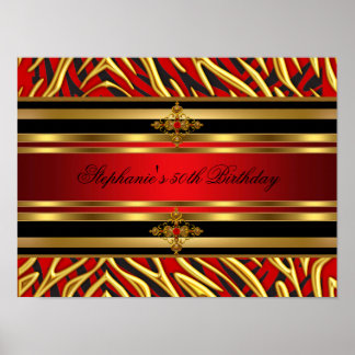 50th Birthday Party Red Zebra Gold Black Poster