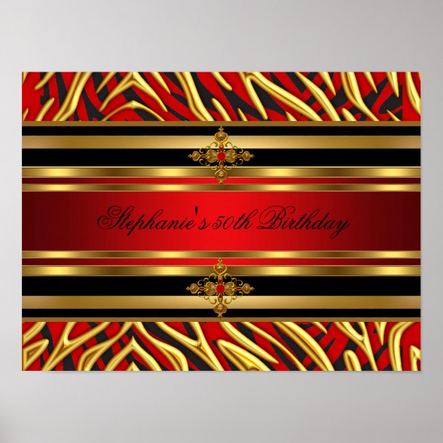 50th Birthday Party Red Zebra Gold Black Poster (Front)