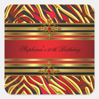 50th Birthday Party Red Zebra Gold Black Square Sticker