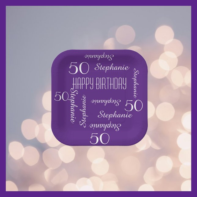 50th Birthday Party Repeating Name Square Purple Paper Plates (Creator Uploaded)