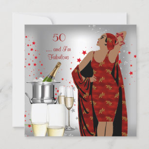 50th Birthday Party Retro Diva Art Deco Red Silver Invitation
