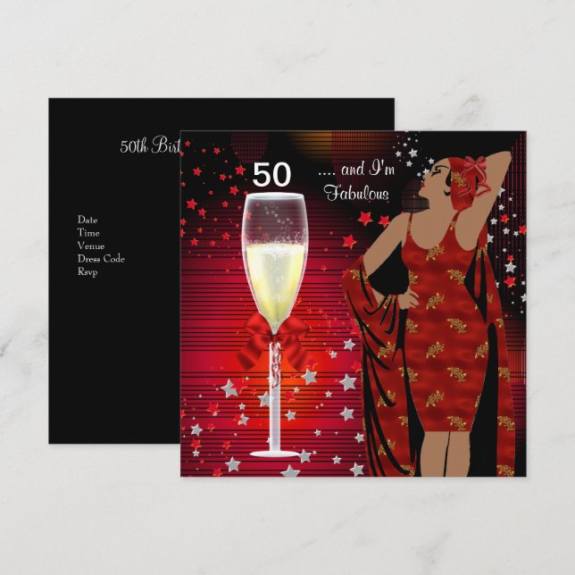 50th Birthday Party Retro Diva Art deco Red White Invitation (Front/Back)
