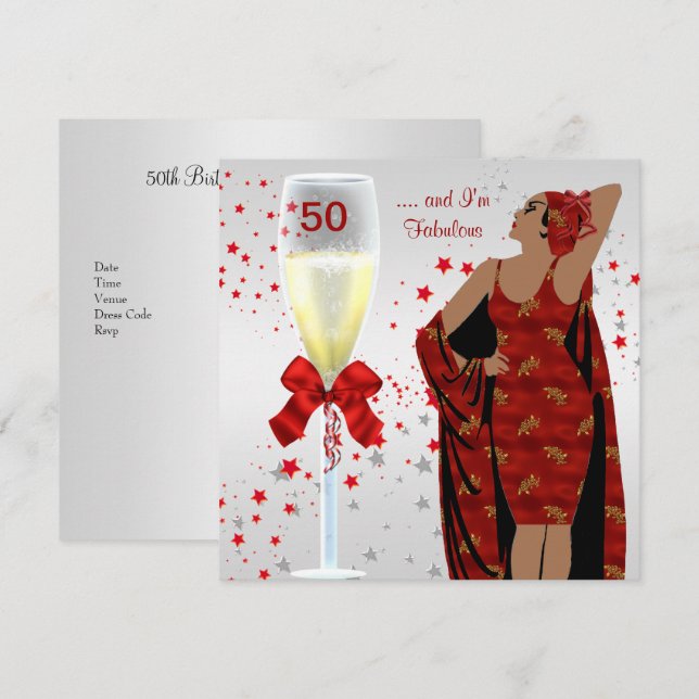 50th Birthday Party Retro Diva Art deco Red White Invitation (Front/Back)