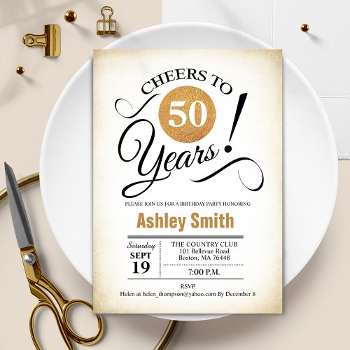 50th Birthday Party _  Retro Gold Black White Invitation