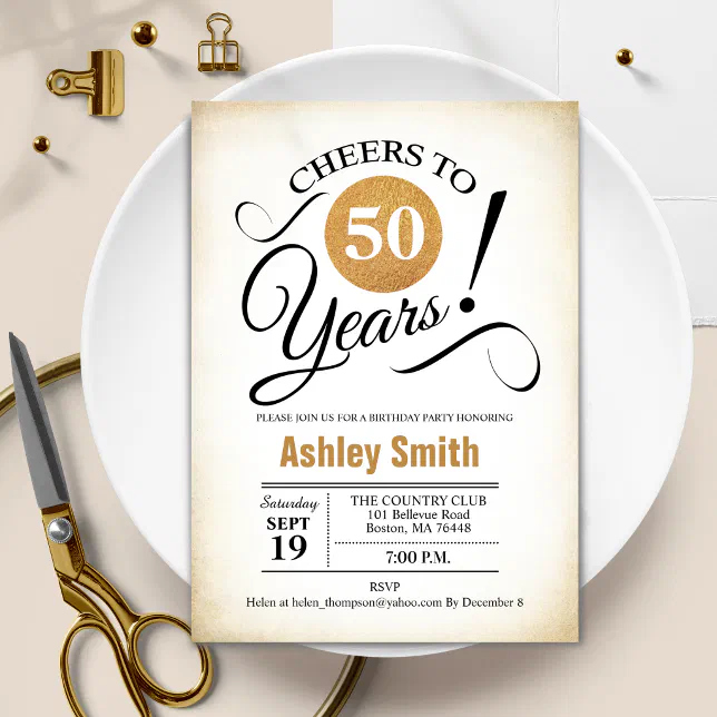 50th Birthday Party - Retro Gold Black White Invitation | Zazzle